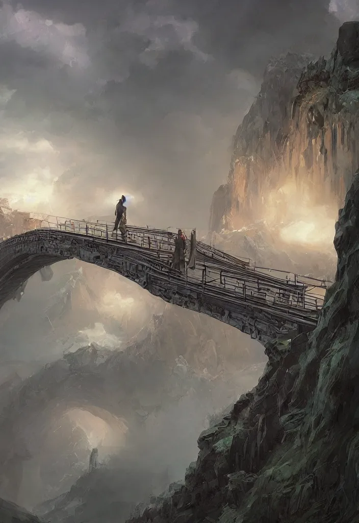 Prompt: a highly detailed epic cinematic concept art CG render digital painting artwork: Rainbow Bridge to the Nine Realms. By Greg Rutkowski, in the style of Francis Bacon and Syd Mead and Norman Rockwell and Edward Hopper, open ceiling, highly detailed, painted by Francis Bacon and Edward Hopper, painted by James Gilleard, surrealism, airbrush, Ilya Kuvshinov, WLOP, Stanley Artgerm, very coherent, triadic color scheme, art by Takato Yamamoto and James Jean