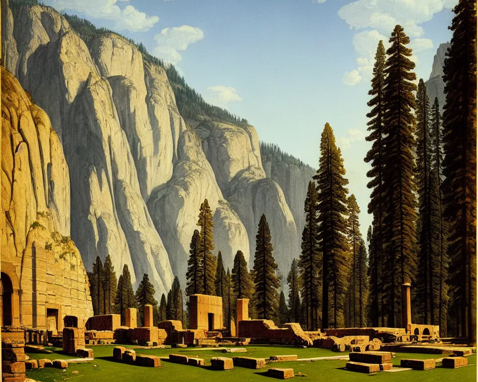 Image similar to an achingly beautiful print of roman ruins in the middle of Yosemite valley by Raphael, Hopper, and Rene Magritte. detailed, romantic, enchanting, trending on artstation.