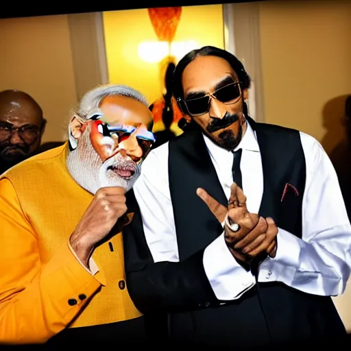 Prompt: narendra modi smoking with snoop dogg in a well lit room, nice vibe