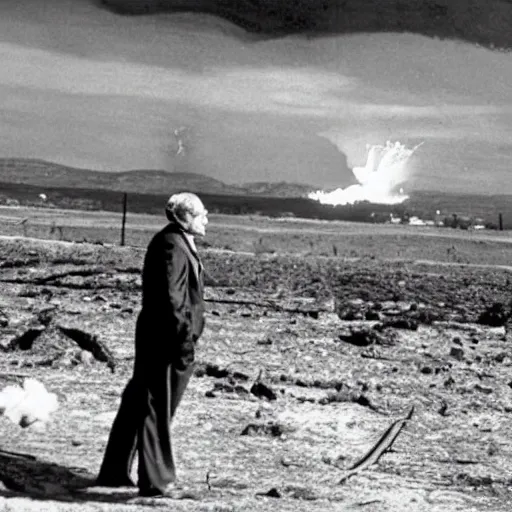 Image similar to Mr Bean watching the atomic bomb explode in the distance