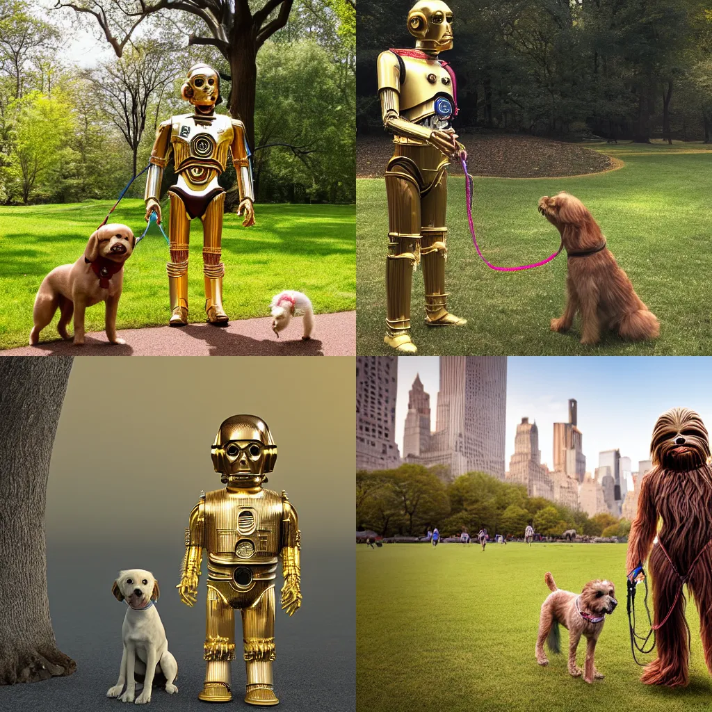 Prompt: c3po is holding a leash to a dog that looks like chewbacca on an alien planet central park path, 8k resolution, photo