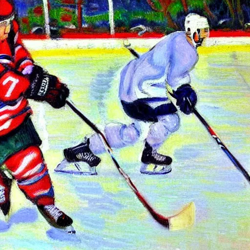 Prompt: a hockey game, impressionist style, trending on artstation, style of Monet, Matisse,