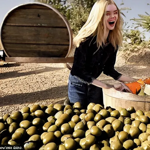 Prompt: Elle Fanning’s face emerges from a barrel filled with olives in oil