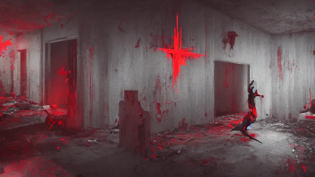 Prompt: photo of the red evil walking inside a scary hunted destroyed house and inverted cross draw on the wall, trending on artstation, wide view, cinematic view, cinematic, 8 k, digital photo, unreal engine, colored paint, colorful paint, scary style, by atey ghailan, 3 d game art