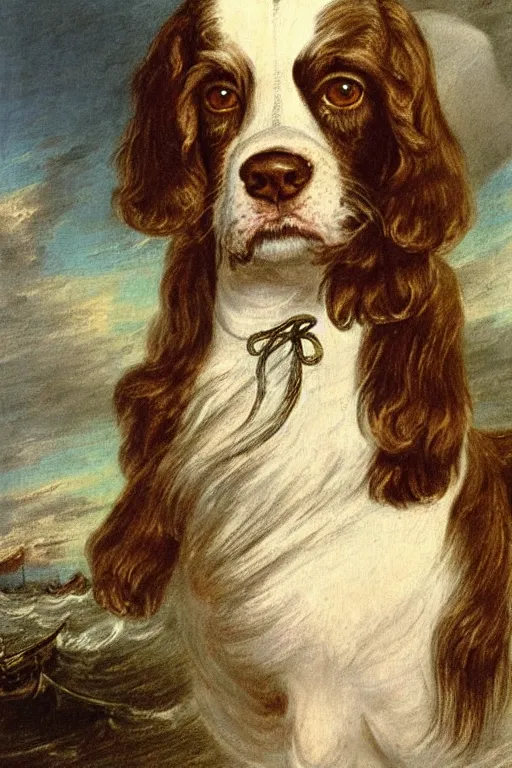 Image similar to A painted portrait of an entirely brown springer spaniel with no white hair, wearing a sea captain's uniform and hat, stood aboard a ship at sea, by Thomas Gainsborough, elegant, highly detailed, anthro, anthropomorphic dog