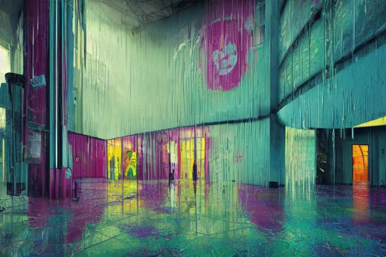 Image similar to abandoned 9 0 s interior with large organic circular windows, rain like a dream, oil painting, cinematic, dramatic, volumetric lighting, cyberpunk, basquiat + francis bacon + gustav klimt + beeple, elevated street art, fantasy lut, textural, pink, blue, purple, green,