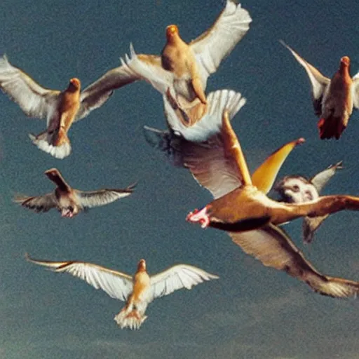 Prompt: George Costanza, caught in a trap of his own making, is plucked into the heavens by birds.