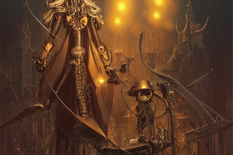 Prompt: automaton wizard,painted by Gerald Brom and Dan Adkins and Frank Brunner and David Thiérrée,trending on artstation, disproportionate lighting tilt-shift,dutch golden age ,tilt-shift ,photorealism ,Toonami ,blueprint ,