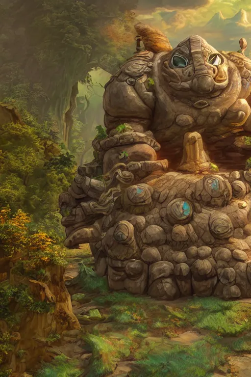 Image similar to zelda fantasy art giant golem troll wood rock greeble gemstone, global illumination ray tracing hdr fanart arstation by sung choi and eric pfeiffer and gabriel garza and casper konefal