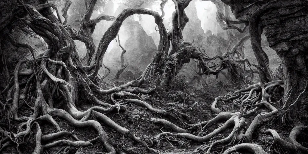 Image similar to portrait of a sickle getting overgrown by roots, forest, dolomites, alpine, detailed intricate insanely detailed octane render, 8k artistic 1920s photography, photorealistic, black and white, chiaroscuro, hd, by David Cronenberg, Raphael, Caravaggio