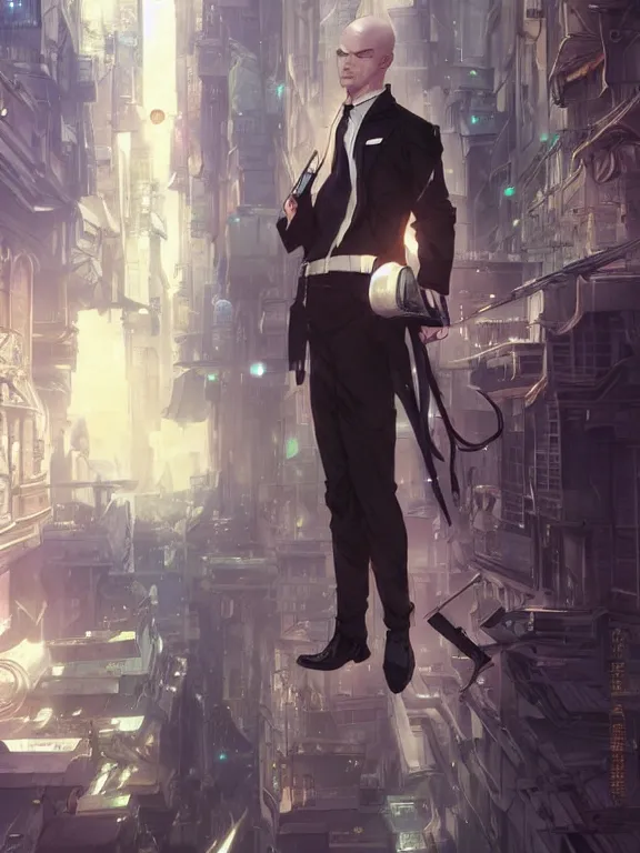 Prompt: anime key visual of a hitman!! intricate, futuristic city, stunning, highly detailed, digital painting, artstation, smooth, hard focus, illustration, art by artgerm and greg rutkowski and alphonse mucha