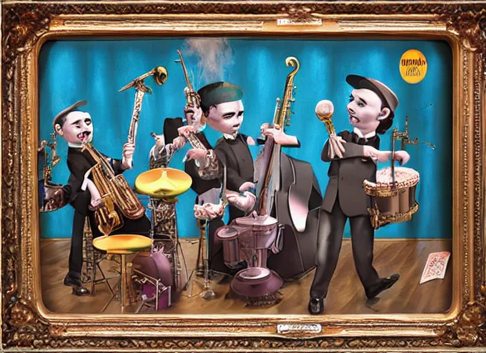 Prompt: the ice cream jazz band, lowbrow, matte painting, 3 - d highly detailed, in the style of mark ryden,