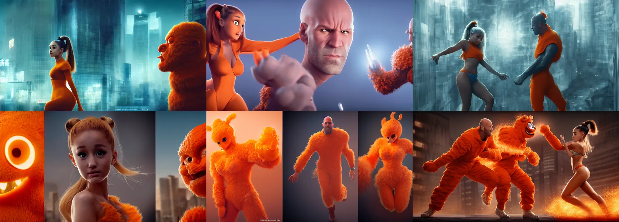 Image similar to ultrarealistic giant ariana grande wearing orange monster chicken suit vs jason statham in tokyo by yusuke murata, octane render, character concept art, movie action still frame, cinematic lighting, volumetric lighting, extreme intricate details, artstation, dnd art, cgsociety, sharp focus, ultra wide angle, digital painting by artgerm, gerald brom, wlop