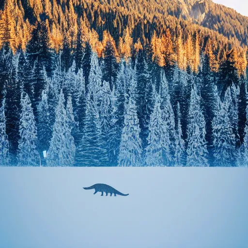 Prompt: a t - rex in the coniferous forest, background dolomites, cinematic, diffused light among the trees, artistic drawing