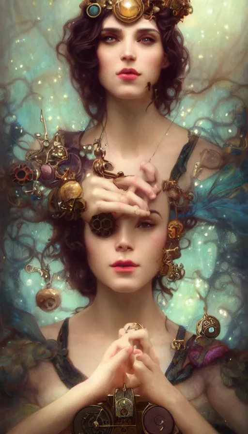 Image similar to hyper realistic photographer taking a picture, magical, gems, jewels, gold, steampunk, cyberpunk, painted by tom bagshaw, mucha, gaston bussiere, craig mullins, j. c. leyendecker 8 k