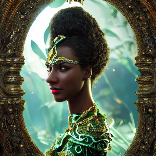 Prompt: photograph of wonderful princess with smooth dark skin, green jewelry, breathtaking, elegant, ornate, intricate, hyper detailed, accent lighting, dramatic light, 4 k octane render