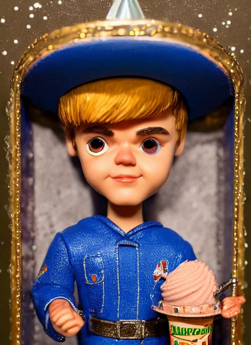 Prompt: highly detailed closeup, face profile portrait of justin bieber as a tin toy fairy - tale wizard wearing a sombrero eating ice cream, unreal engine, nicoletta ceccoli, mark ryden, earl norem, lostfish, global illumination, detailed and intricate environment