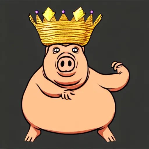 Image similar to standing pig wearing a gold crown on it's head illustration concept art in the style of Arthur Adams, full body 8k