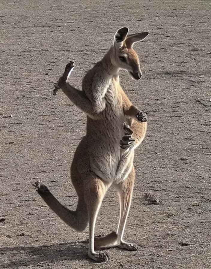 Prompt: kangaroo caught throwing gang sign, viral photo, viral on twitter, bad quality, phone photo, leaked photo, paparazzi photo, realistic, 720p
