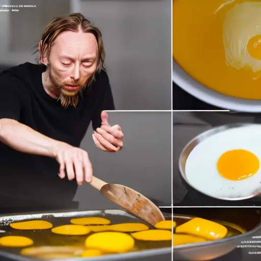 Prompt: thom yorke as egg yolk while cooking on a pan, thom yorke is made of egg yolk he is egg yolk, realistic, hyperrealistic, ultra realistic, real, real world, highly detailed, very detailed, extremely detailed, intricate details, 8 k resolution, hd quality