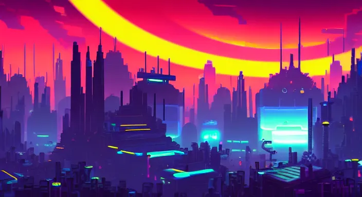 Prompt: beauiful background painting of night level of a 2 d sidescroller game, in a futuristic city in an alien world, orange sky, video game art, pixel art, concept art, surreal and charming, synthwave, ultra detailed, cool lighting, trending on artstation