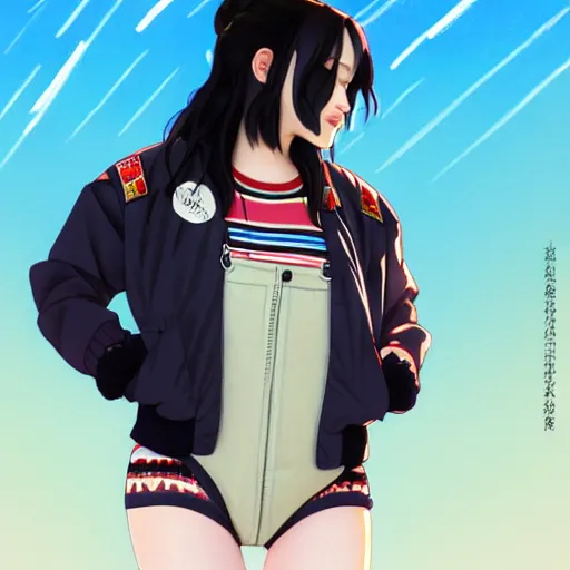 Image similar to a beautiful boyish kat dennings alluring gravure model, wearing oversized mayan bomber jacket and leotard with overalls, bulky poofy aztec native style bomber jacket with mayan patterns, gapmoe yandere grimdark, trending on pixiv fanbox, painted by greg rutkowski makoto shinkai takashi takeuchi studio ghibli, akihiko yoshida