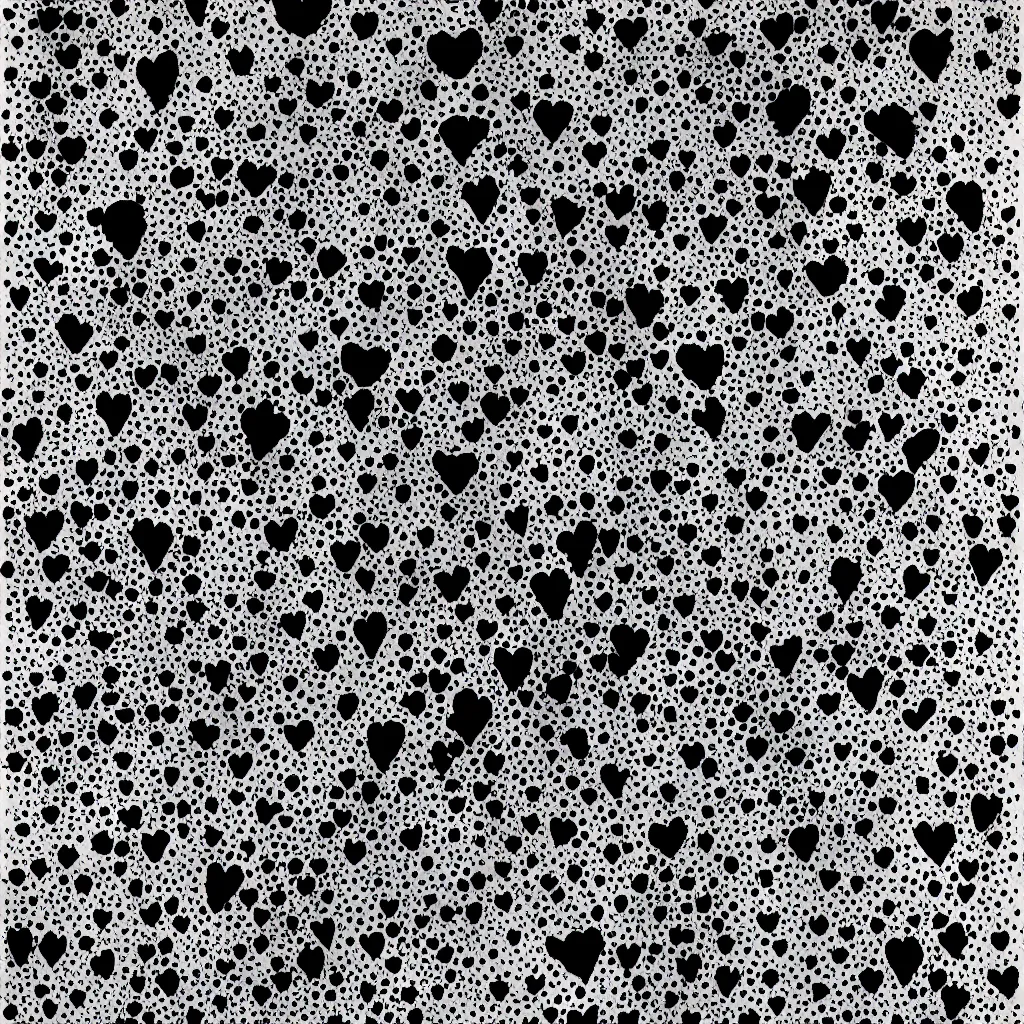 Image similar to camo made of hearts, smiling, abstract, rei kawakubo artwork, cryptic, dots, stipple, lines, splotch, color tearing, pitch bending, color splotches, dark, ominous, eerie, minimal, points, technical, old painting