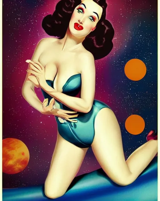 Image similar to retrofuturistic pinup model dita von teese as a varga girl posing on a space ship, in the style of anna dittmann and and alberto vargas.