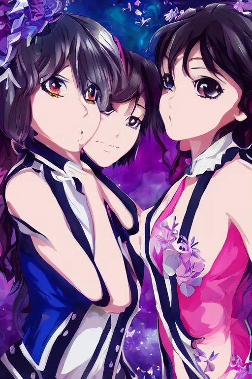 Prompt: a stare down between two beautiful rival idols, detailed anime art