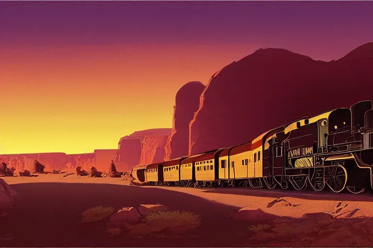 Image similar to idyllic old western train station illustration by syd mead, artstation, 4 k, graphic novel, concept art, matte painting, steam engine, beautiful mountain desert sunset background, golden hour