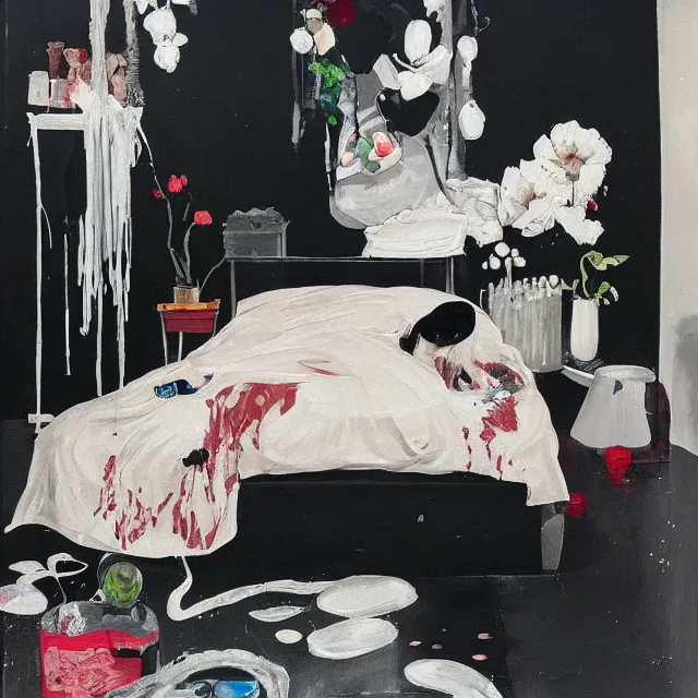 Image similar to bedroom room with black walls and a futon, sensual portrait of a woman sleeping, cracked handmade pottery vase, white flowers on the floor, puddle of water, octopus, squashed berries, neo - expressionism, surrealism, acrylic and spray paint and oilstick on canvas