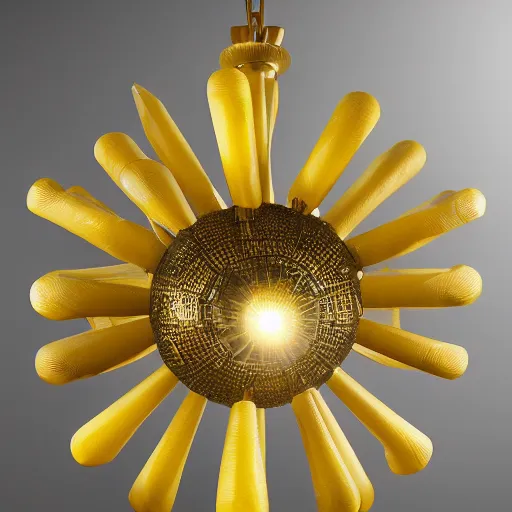 Image similar to chandelier in the shape of a sun with yellow accents designed by salvador dali