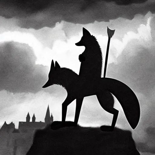 Image similar to anthropomorphic fox!! who is a me - dieval knight holding a swo - rd towards a stormy thundercloud [ 1 9 3 0 s film still ], ( castle in the background )