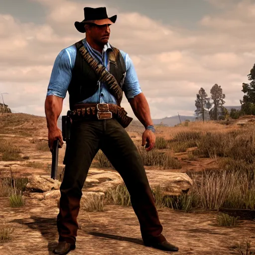 Image similar to dwayne the rock johnson as red dead redemption screenshot from red dead redemption