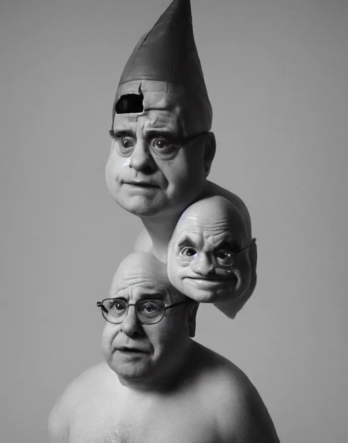 Prompt: 1990s candid photoshoot of Conehead Danny Devito ugly symmetrical porcelain doll, ambient lighting, atmospheric, stunning visuals, creative, cinematic, ultra detailed, trending on art station