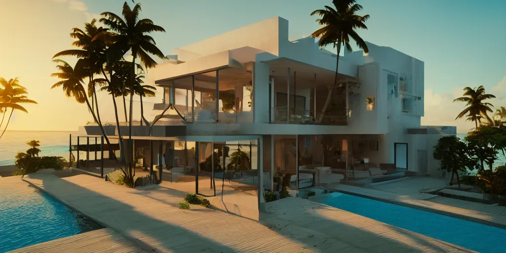 Image similar to modern house in a tropical setting, a view of the beach, sunset, photorealism, beautiful, cinematic dramatic atmosphere, volumetric cinematic perfect light, detailed octane render trending on artstation, 8 k, by chris hytha and jag studio