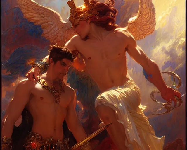 Prompt: attractive heroic male deity, summons handsome heroic lucifer morning star. highly detailed painting by gaston bussiere, craig mullins, j. c. leyendecker 8 k