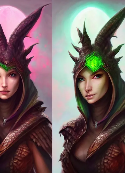 Image similar to epic dragon warlock female character design, highly detailed, glossy eyes, d & d, fantasy, highly detailed, digital painting, trending on artstation, concept art, sharp focus, holographic undertones, illustration, global illumination, ray tracing, realistic shaded, art by artgerm and greg rutkowski and fuji choko and viktoria gavrilenko and hoang lap