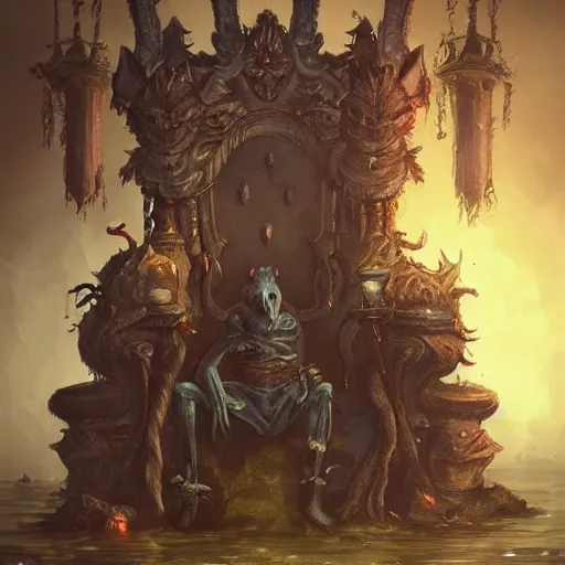 Prompt: murky sewer scene with an evil rat sitting on a throne, surrounded by his court of rats, wearing elaborate reneissance clothing. trending on artstation, fantasy illustration, rat people, extremely detailed, grim