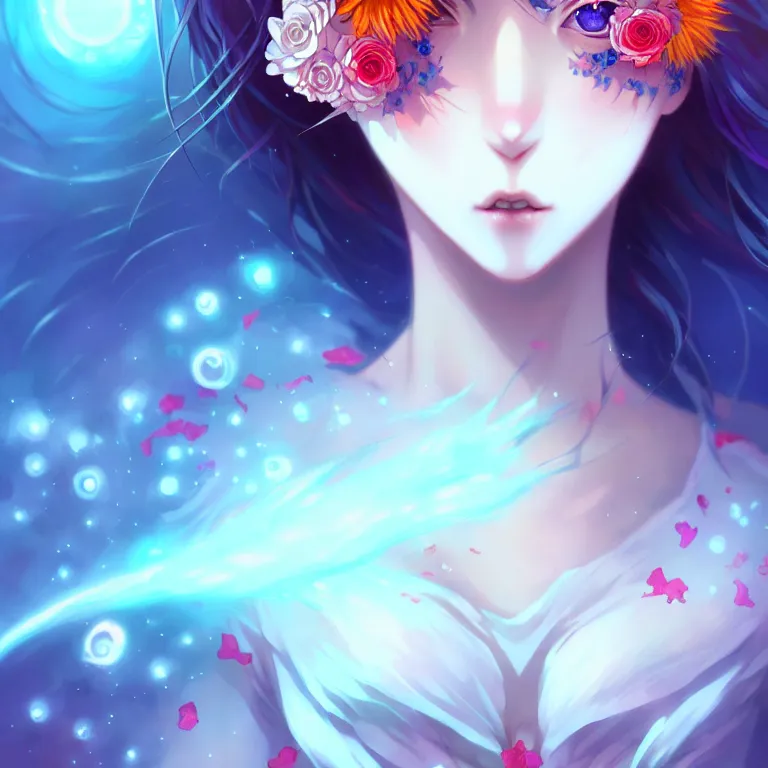 Prompt: stunning anime girl + blue eyes + flowers + colorful atoms, misty, mixed media art by cgsociety, 8 k, high resolution, in the style of charlie bowater, tom bagshaw, symmetrical, insanely detailed and intricate, beautiful, elegant, cinematic,, artstation
