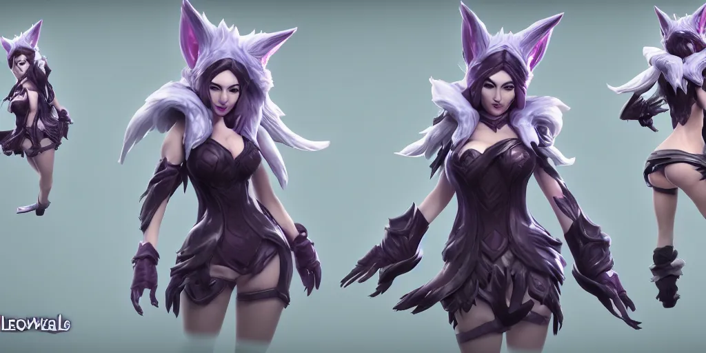 Image similar to character sheet of elderwood ahri ( league of legends ). hyperreal 3 d octane render 8 k