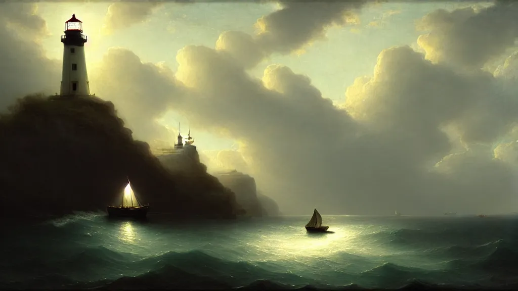 Image similar to lighthouse in the cave, sail boat, andreas achenbach, artgerm, mikko lagerstedt, zack snyder, tokujin yoshioka