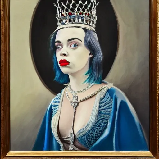 Image similar to painting of queen billie eilish, with crown, portrait, museum