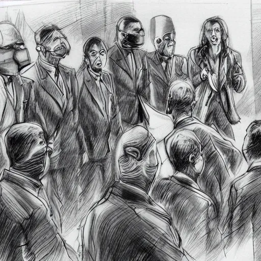 Image similar to highly detailed realistic sketch of UN members in suits yelling at a cyborg samurai, fear and anger in their eyes, colored , award winning , masterpiece on a scroll , post-processing