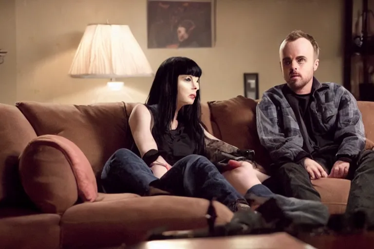 Image similar to a photo of jessie pinkman and jane margolis holding hands watching tv on the sofa, breaking bad, cinematic