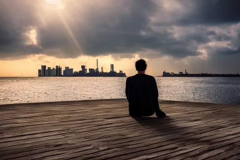 Image similar to A man sitting on a jetty, city in the background, cinematic lighting