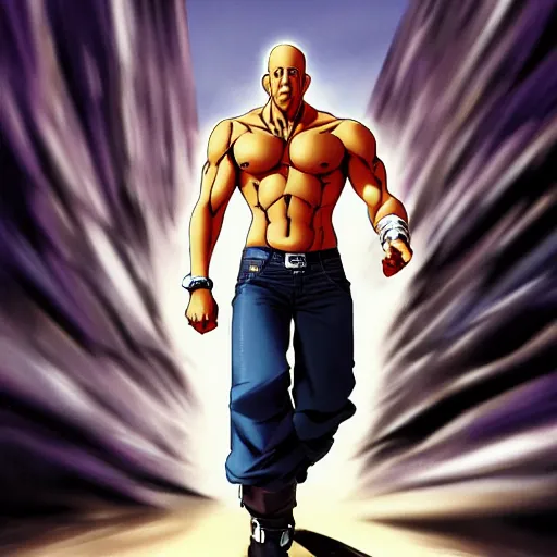 Image similar to Digital painting of Vin Diesel walking like a Italian model in JoJo\'s Bizzare Adventure anime style, official media from JoJo\'s Bizzare Adventure, highly detailed, sharp focus, 1990 manga panel, anime, ArtStation, art by Hirohiko Araki