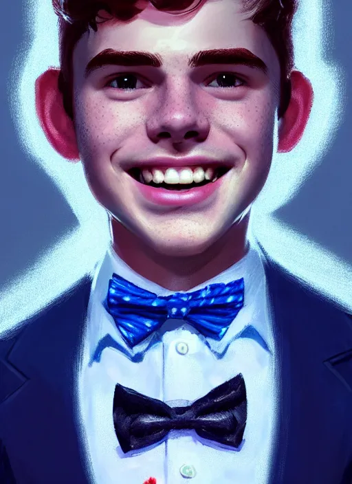 Prompt: portrait of teenage archie andrews, freckles, curly middle part haircut, curly hair, smiling kindly, wearing a bowtie, intricate, elegant, glowing lights, highly detailed, digital painting, artstation, concept art, smooth, sharp focus, illustration, art by wlop, mars ravelo and greg rutkowski