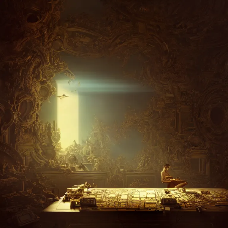 Image similar to motherboard, chip circuit, computer, dream - like atmosphere, baroque landscape painting, perfect composition, beautiful detailed intricate insanely detailed octane render trending on artstation, 8 k artistic photography, photorealistic, soft natural volumetric cinematic perfect light, chiaroscuro, award - winning photograph, masterpiece, raphael, caravaggio, greg rutkowski, beeple