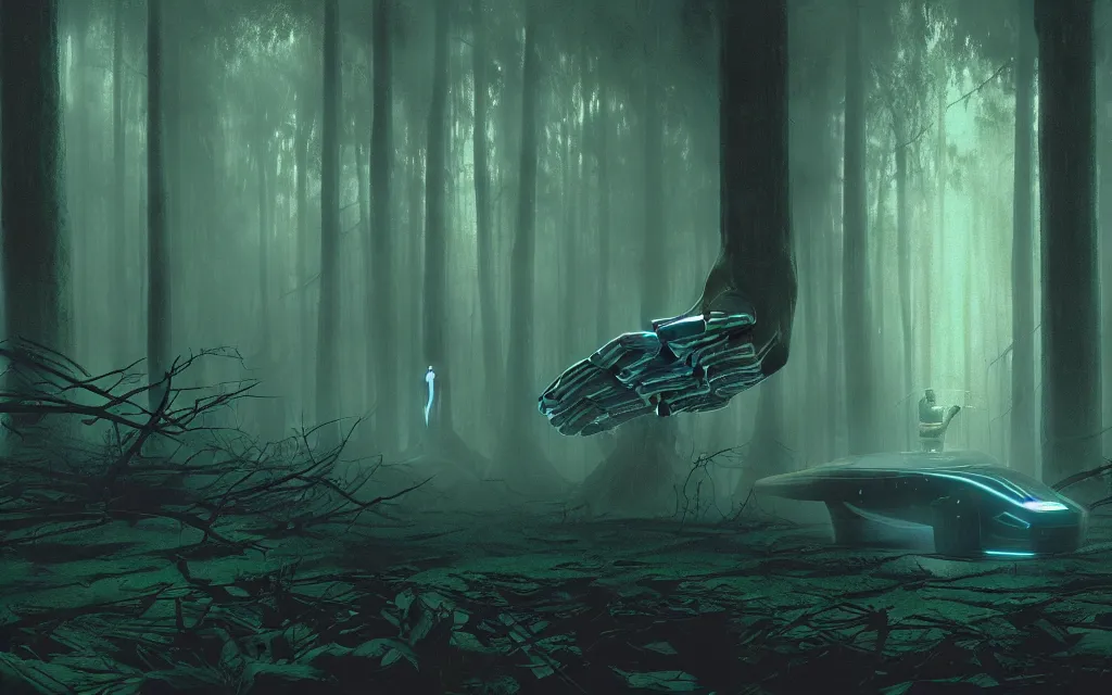 Image similar to sci-fi scene of a holographic giant hand floating in the middle of a dark forest, atmospheric, mysterious, mist, high detail, concept art, by syd mead and roger deakins